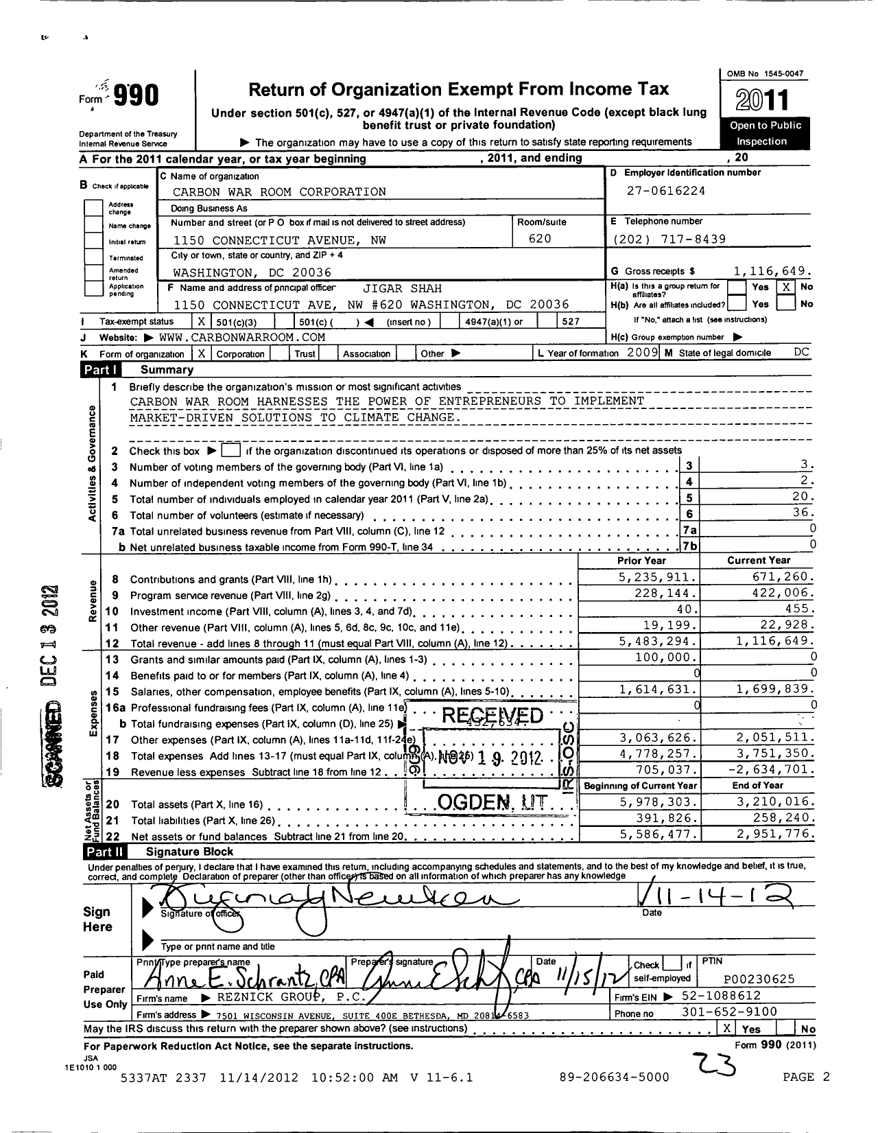 Image of first page of 2011 Form 990 for Carbon War Room Corporation