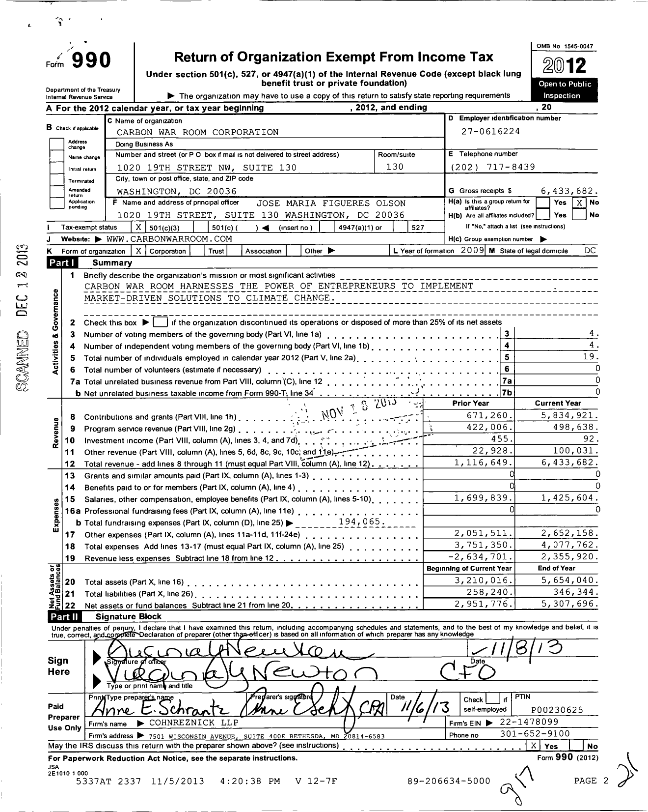 Image of first page of 2012 Form 990 for Carbon War Room Corporation