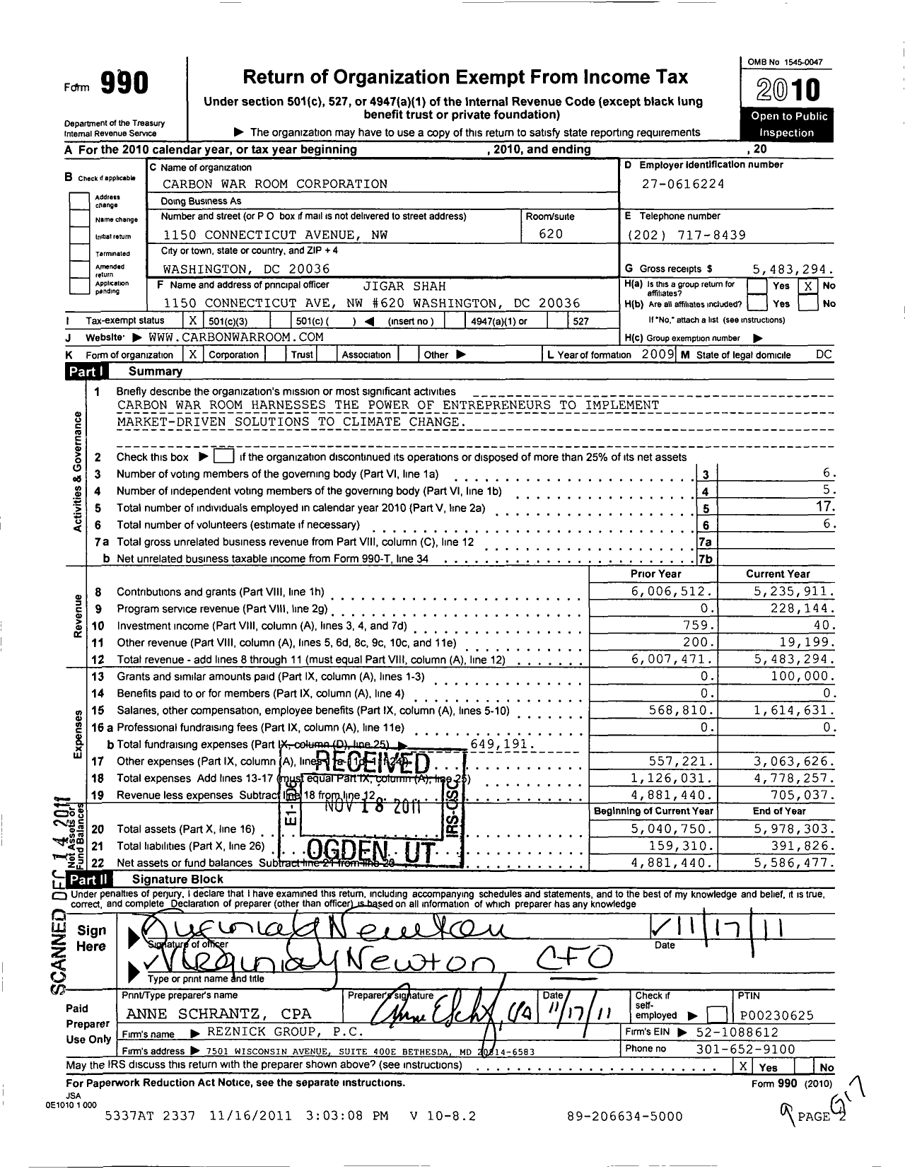 Image of first page of 2010 Form 990 for Carbon War Room Corporation