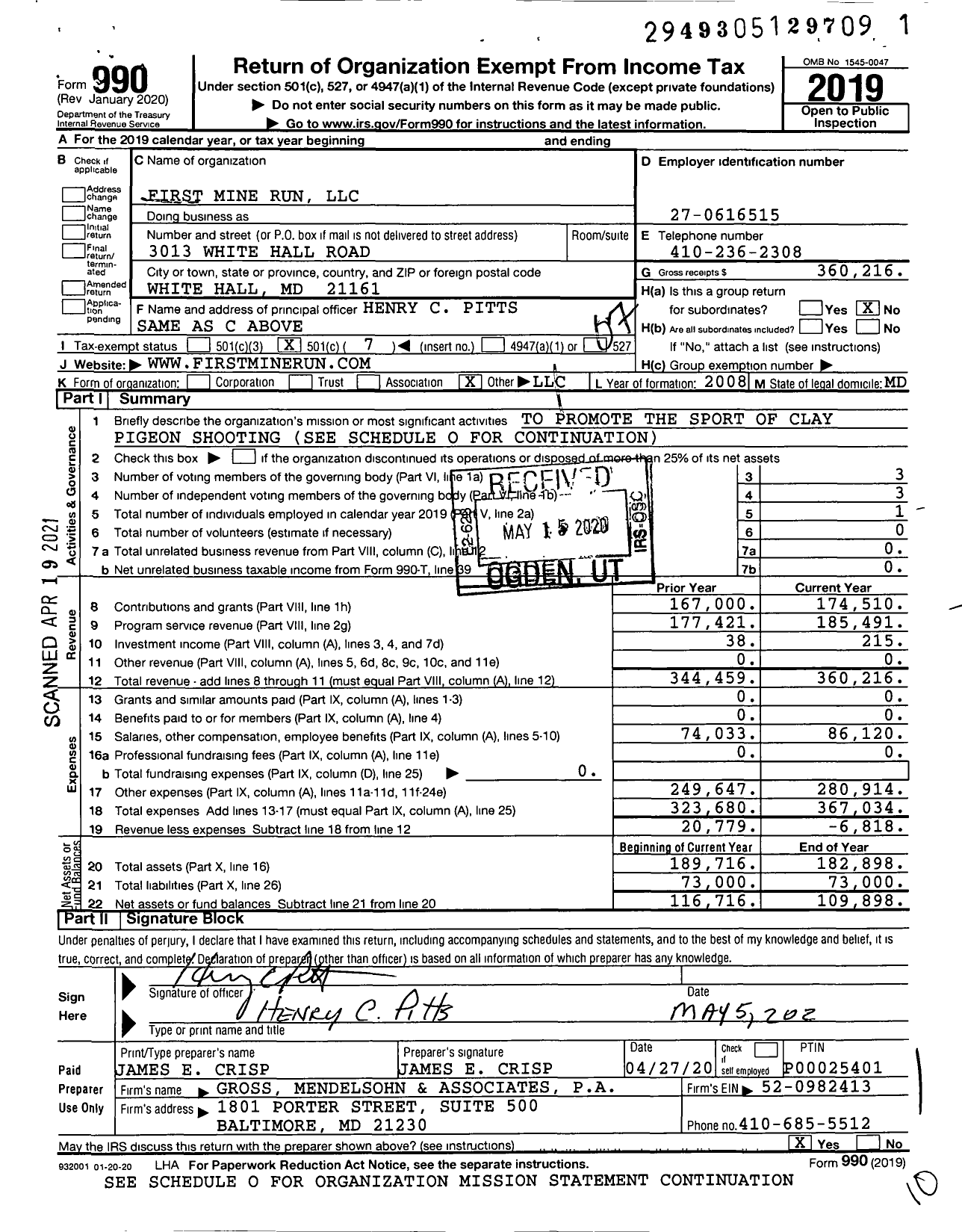 Image of first page of 2019 Form 990O for First Mine Run LLC