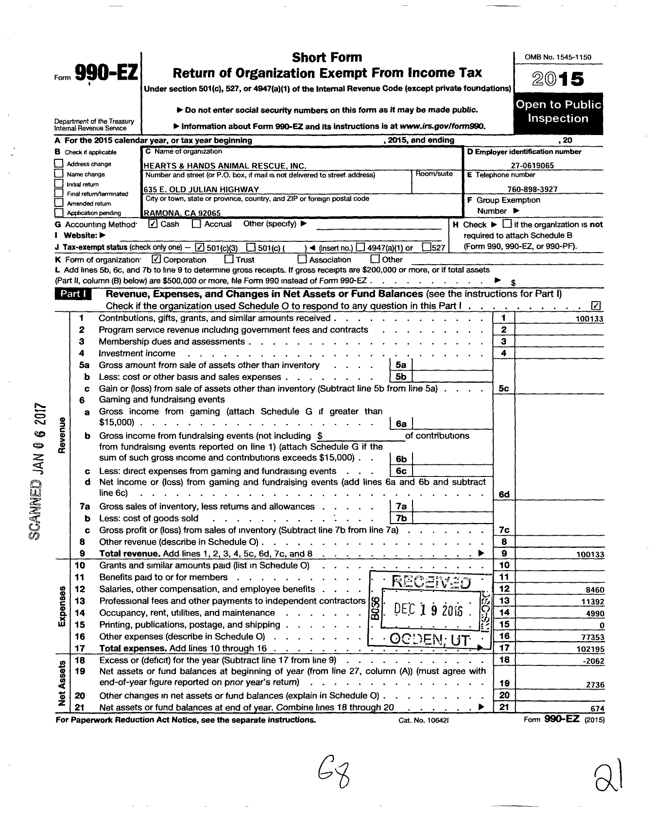 Image of first page of 2015 Form 990EZ for Hearts and Hands Animal Rescue