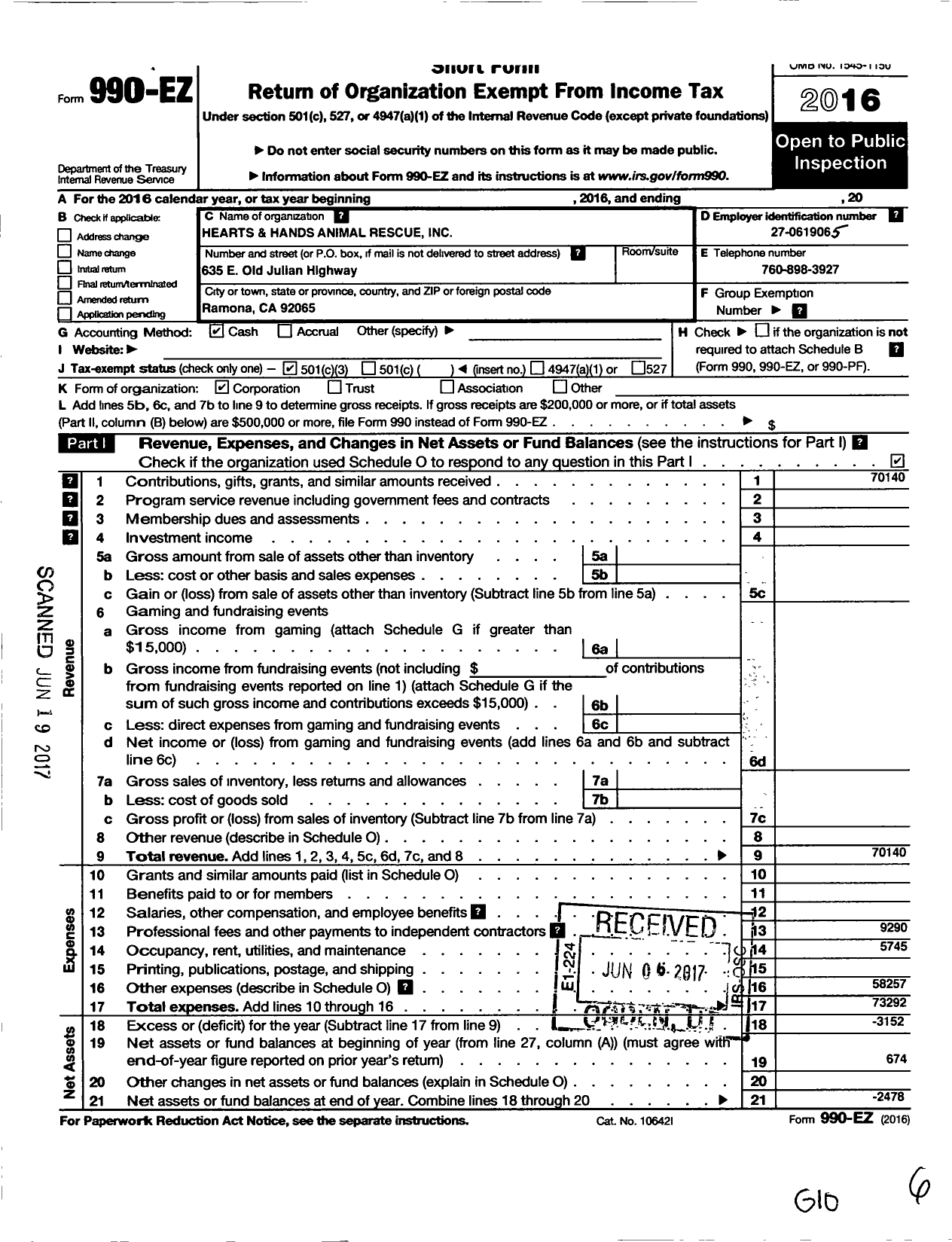 Image of first page of 2016 Form 990EZ for Hearts and Hands Animal Rescue