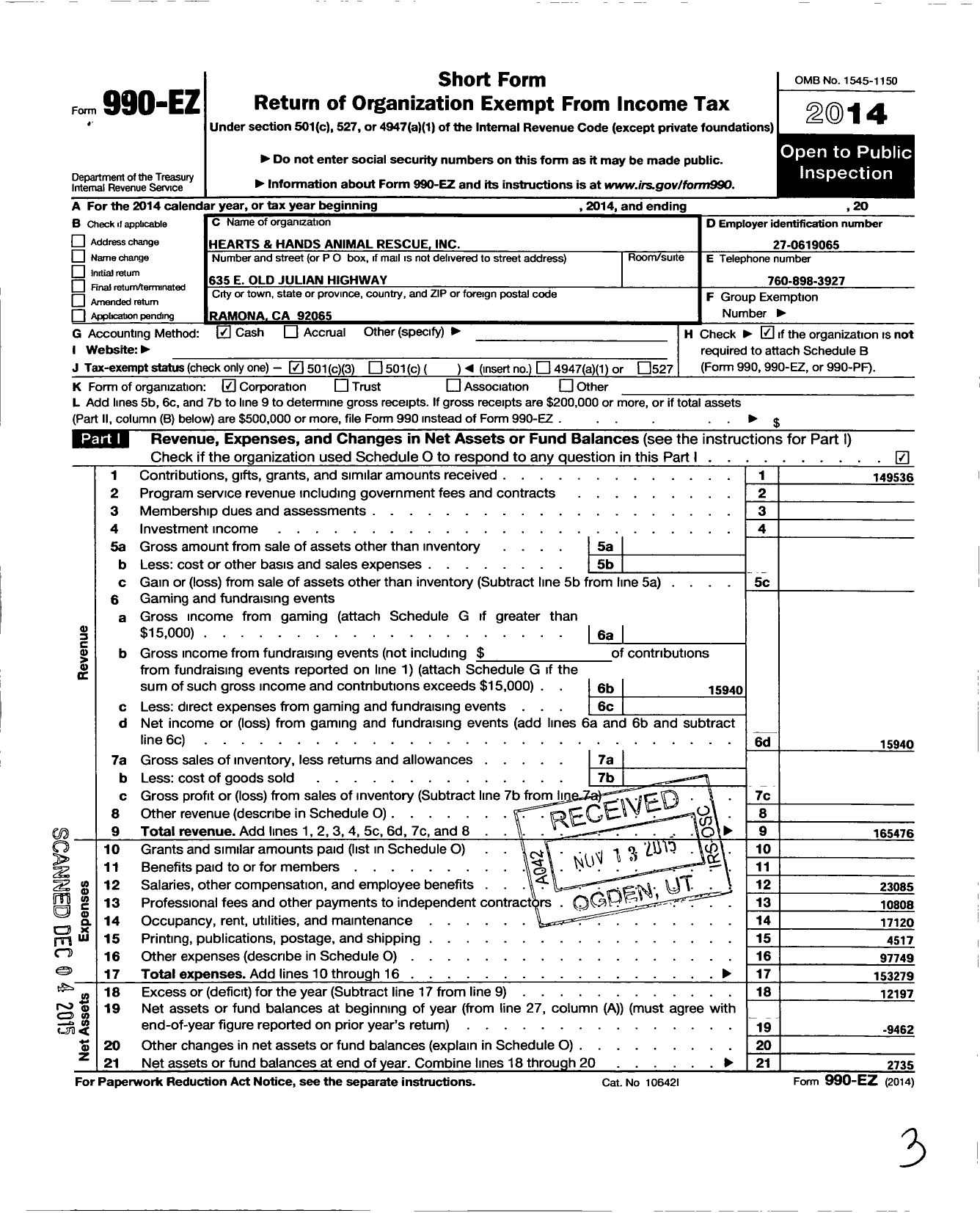 Image of first page of 2014 Form 990EZ for Hearts and Hands Animal Rescue