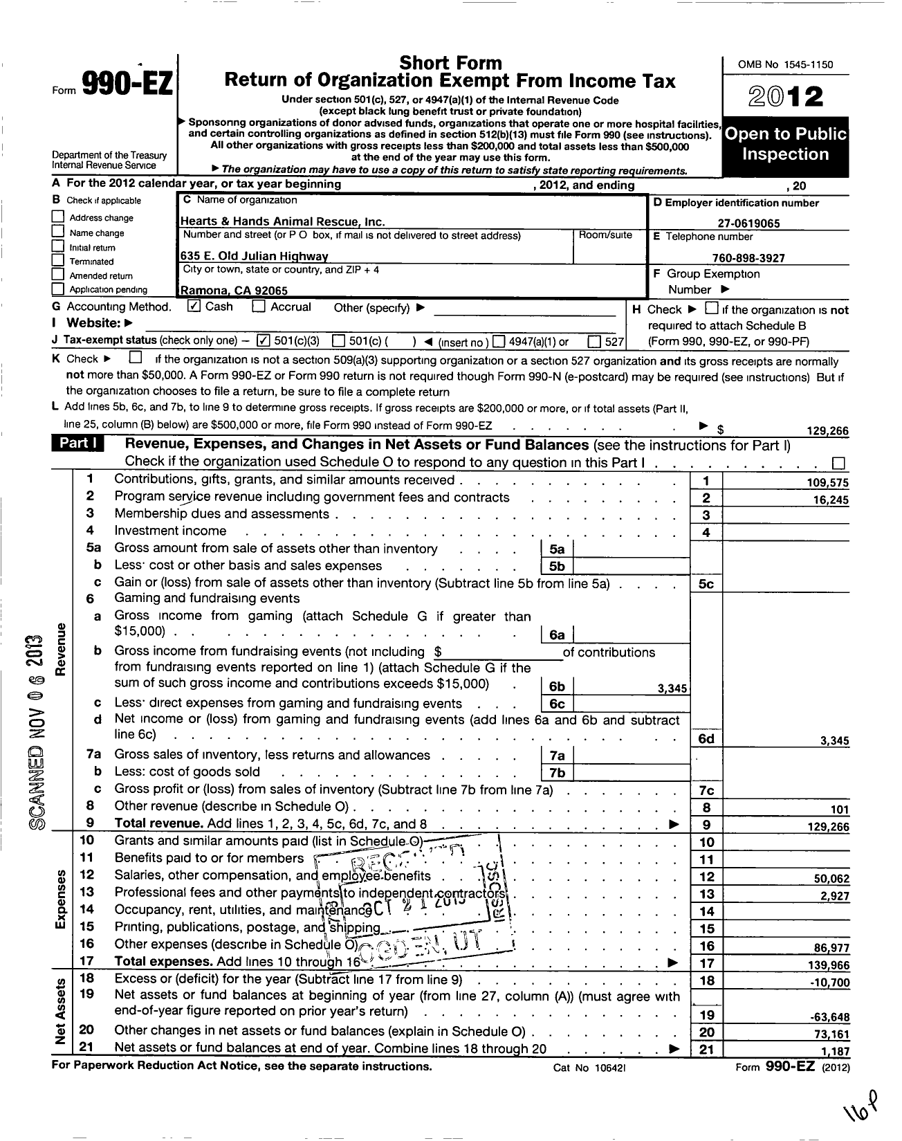 Image of first page of 2012 Form 990EZ for Hearts and Hands Animal Rescue