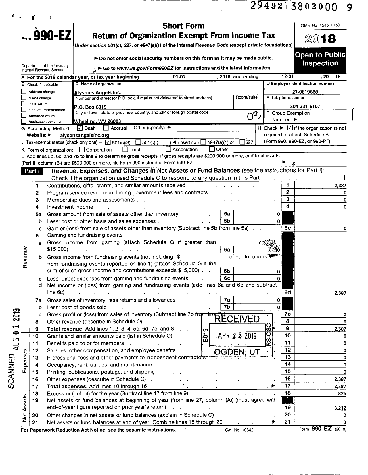 Image of first page of 2018 Form 990EZ for Alysons Angels