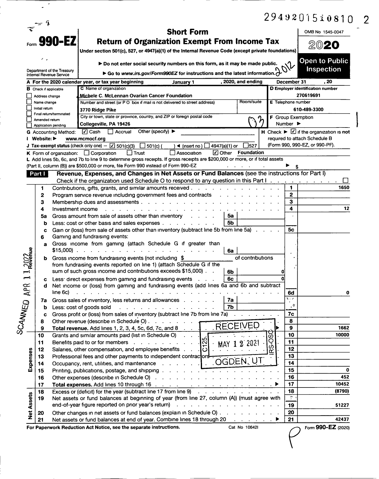 Image of first page of 2020 Form 990EZ for Michele C Mclennan Ovarian Cancer Foundation