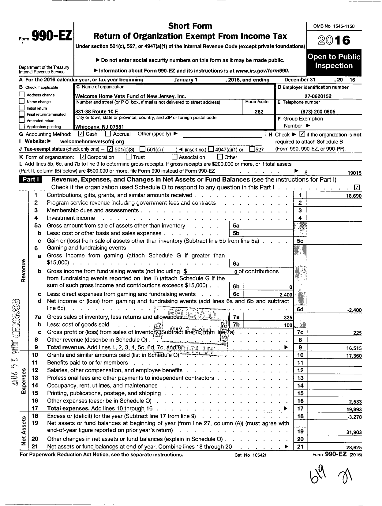 Image of first page of 2016 Form 990EZ for Welcome Home Vets of New Jersey