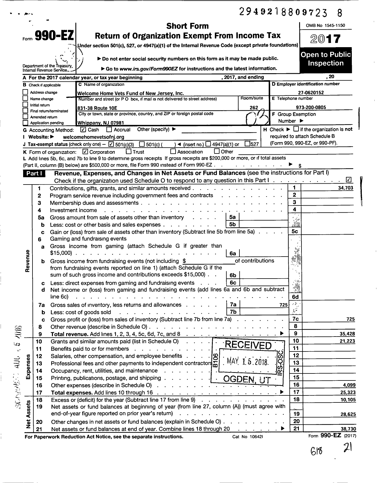 Image of first page of 2017 Form 990EZ for Welcome Home Vets of New Jersey