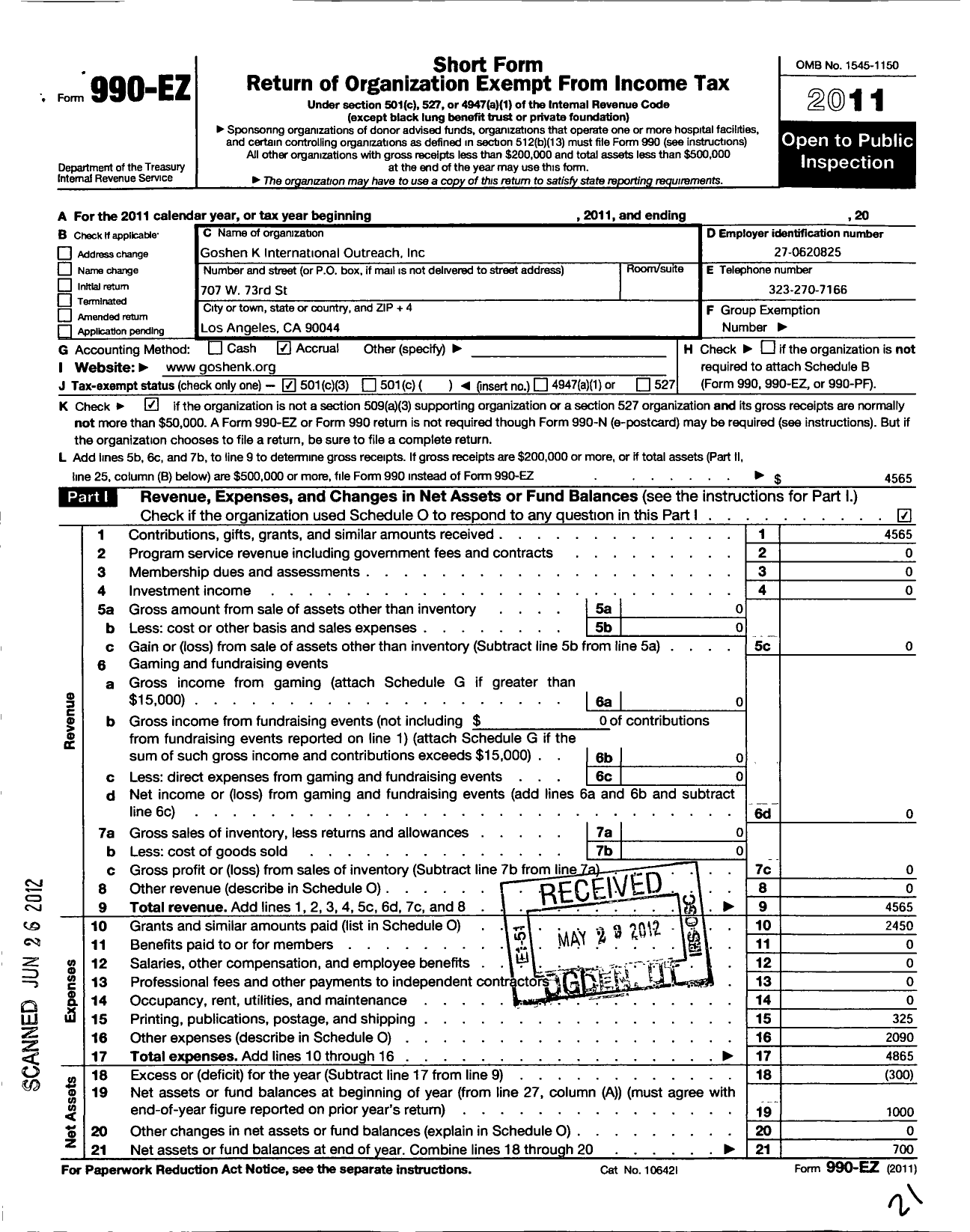 Image of first page of 2011 Form 990EZ for Goshen K International Outreach