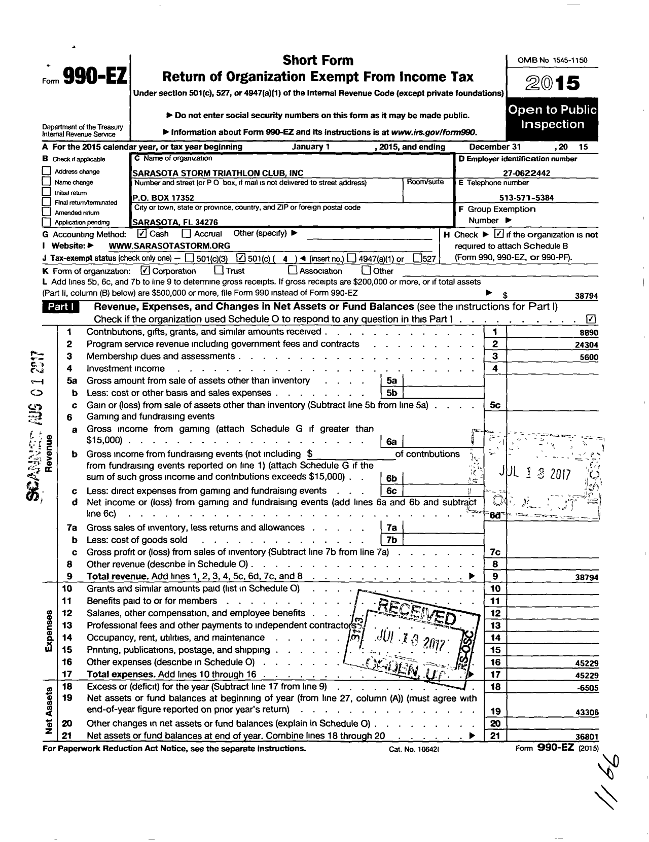 Image of first page of 2015 Form 990EO for Sarasota Sharks Triathlon Club