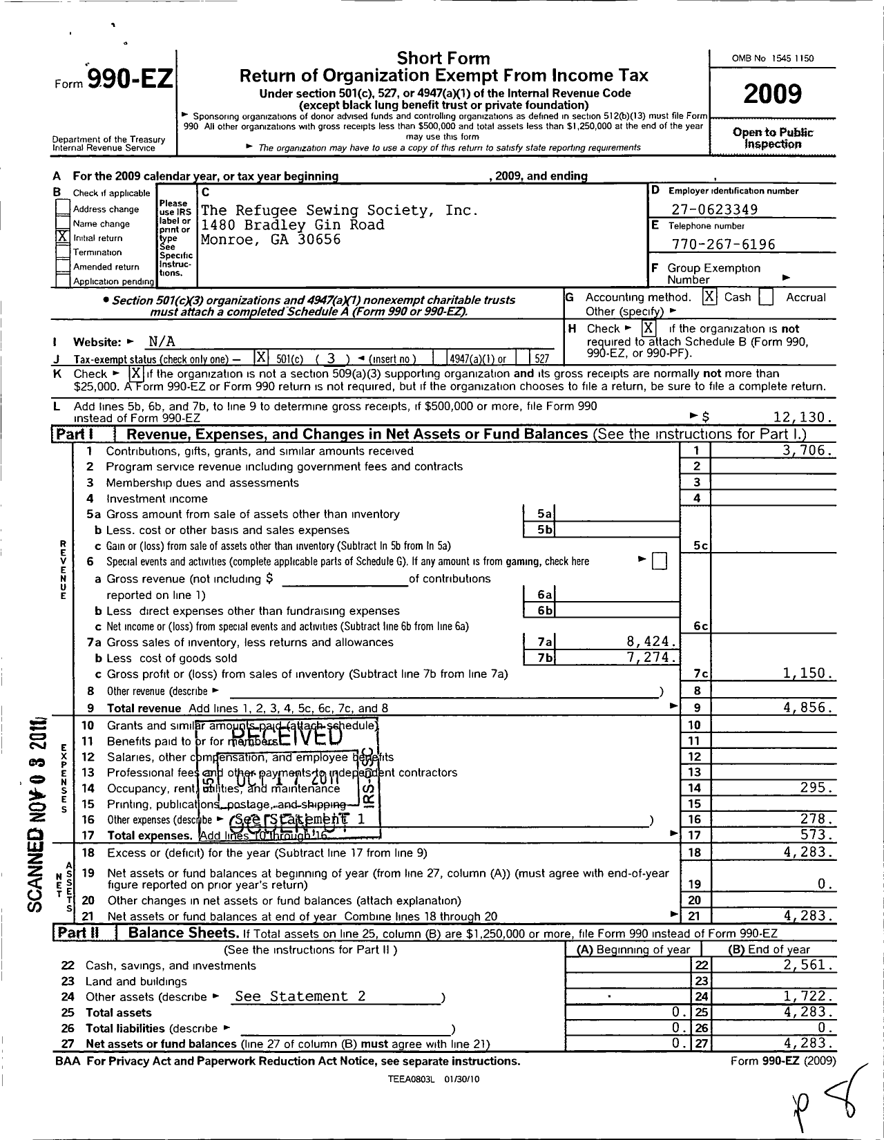 Image of first page of 2009 Form 990EZ for Refugee Sewing Society