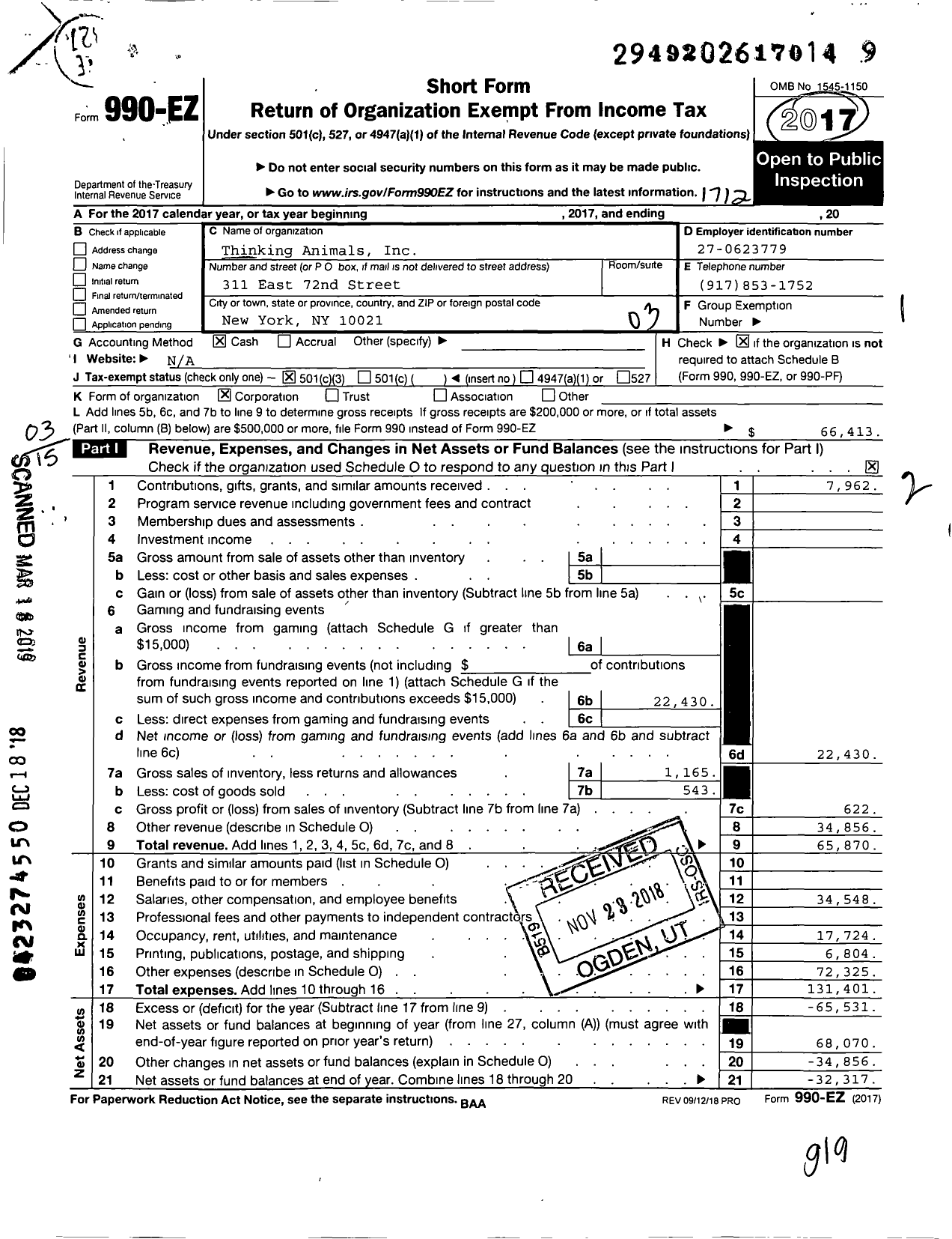 Image of first page of 2017 Form 990EZ for Thinking Animals