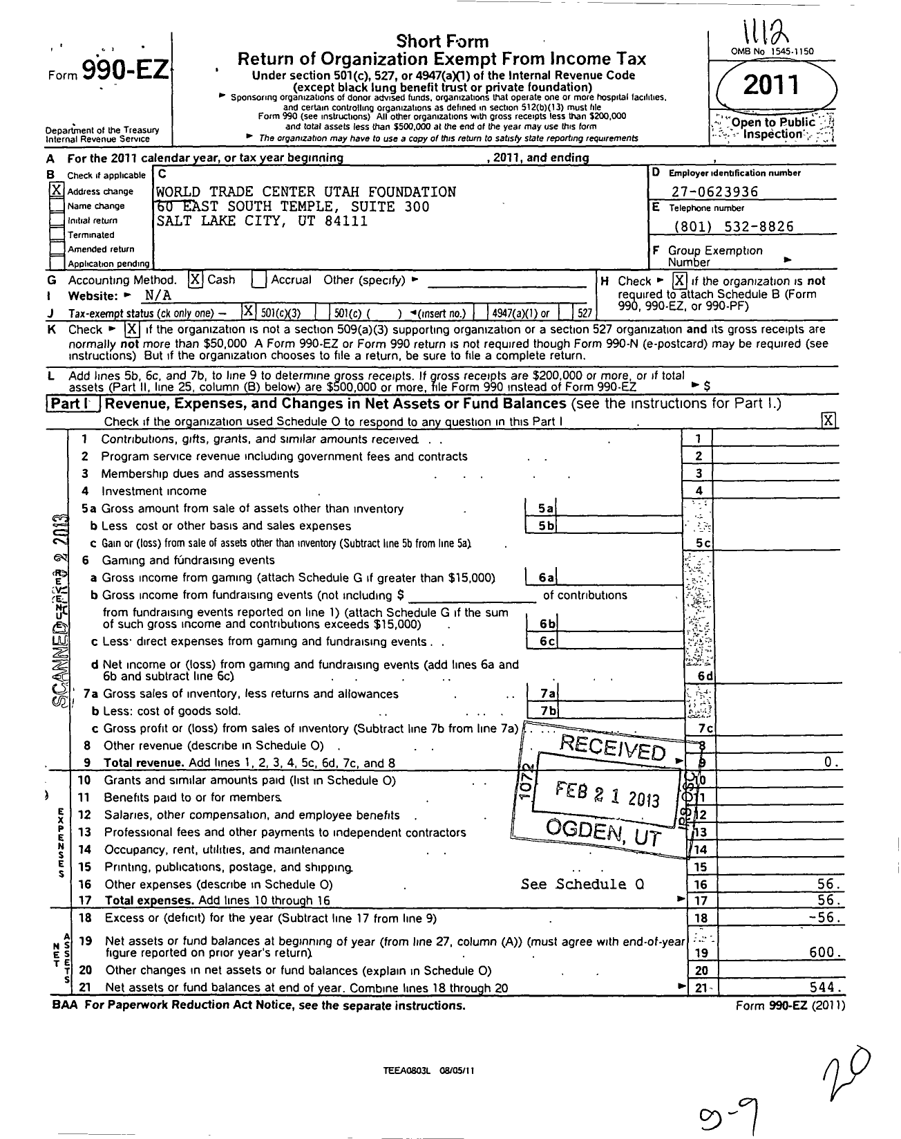 Image of first page of 2011 Form 990EZ for World Trade Center Utah Foundation