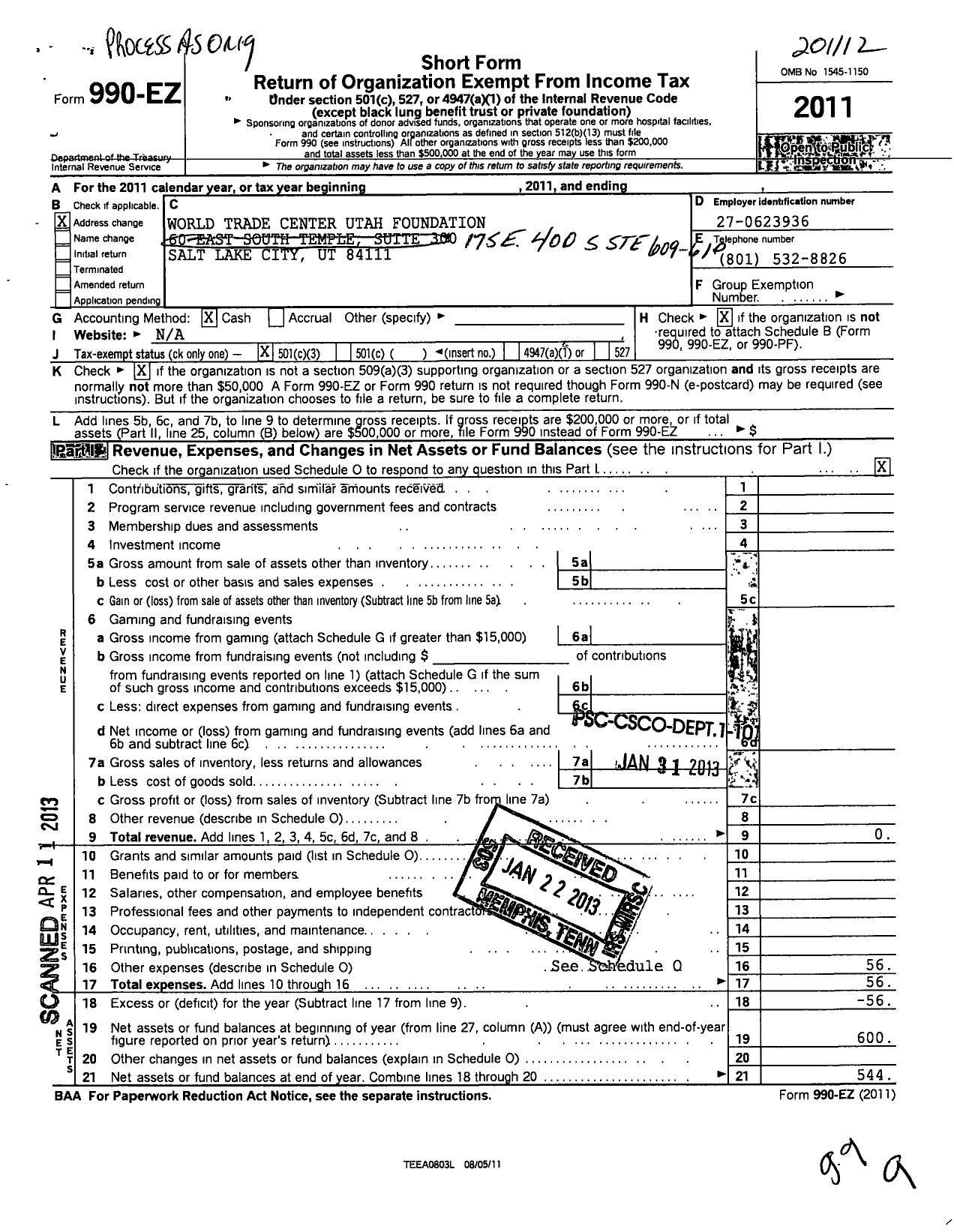 Image of first page of 2011 Form 990EZ for World Trade Center Utah Foundation