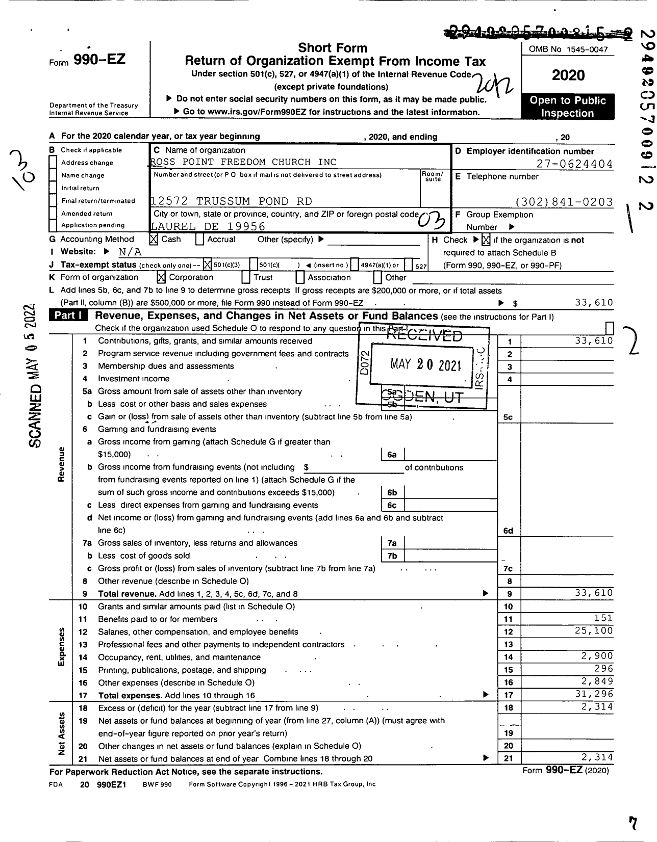 Image of first page of 2020 Form 990EZ for Ross Point Fredom Church