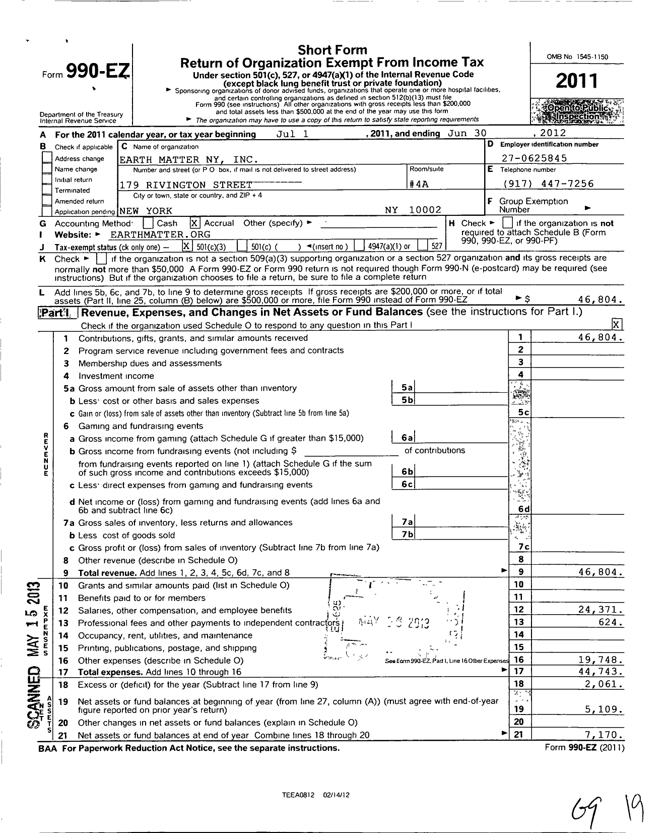 Image of first page of 2011 Form 990EZ for Earth Matter NY
