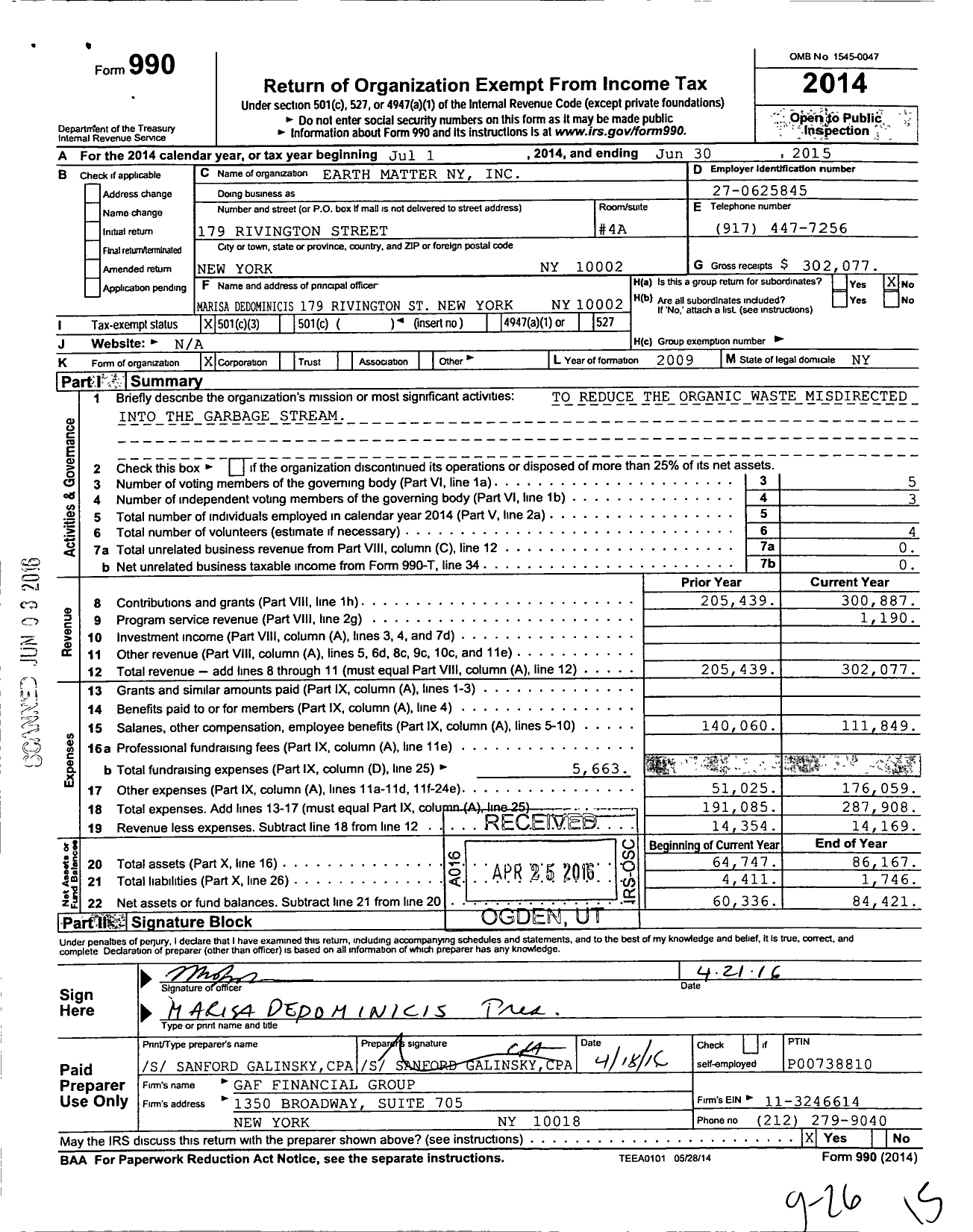 Image of first page of 2014 Form 990 for Earth Matter NY