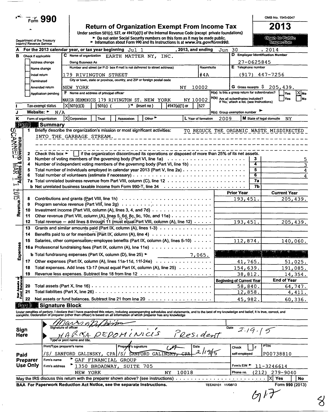 Image of first page of 2013 Form 990 for Earth Matter NY