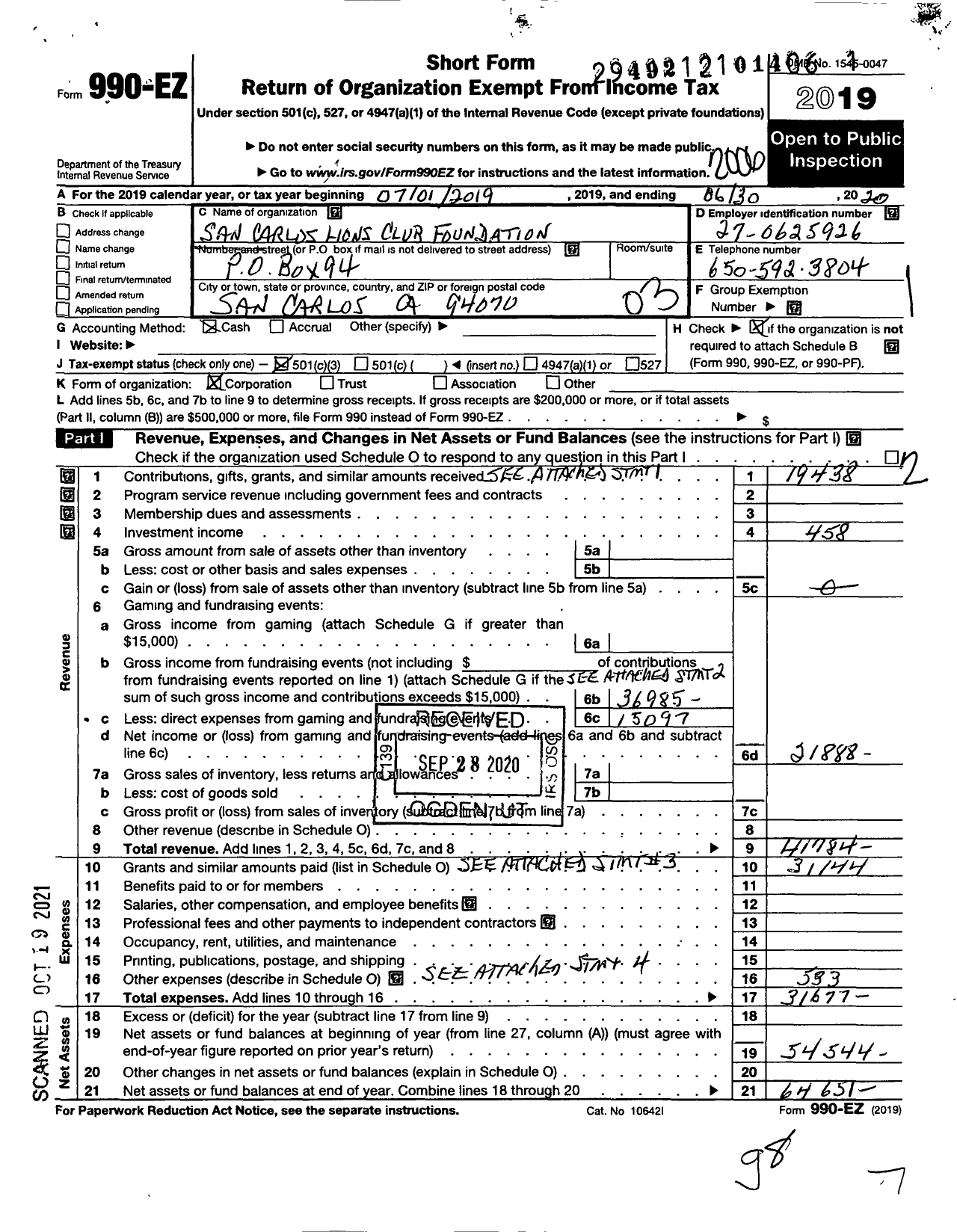 Image of first page of 2019 Form 990EZ for San Carlos Lions Club Foundation