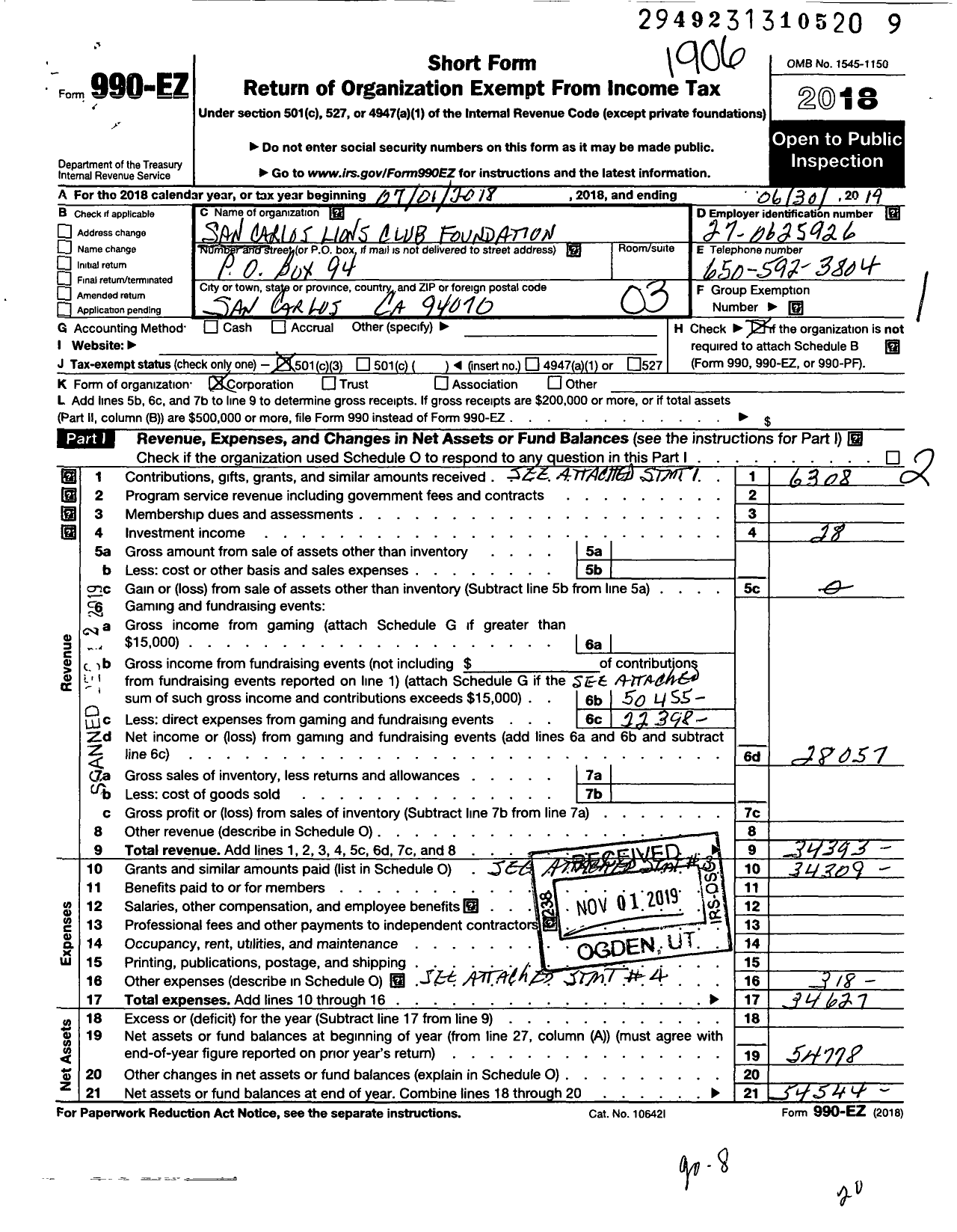 Image of first page of 2018 Form 990EZ for San Carlos Lions Club Foundation