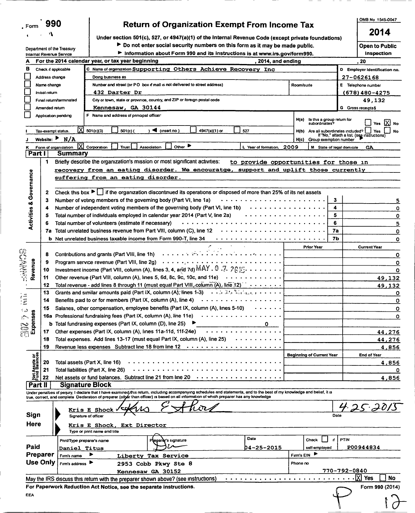 Image of first page of 2014 Form 990 for Supporting Others Achieve Recovery (SOAR)