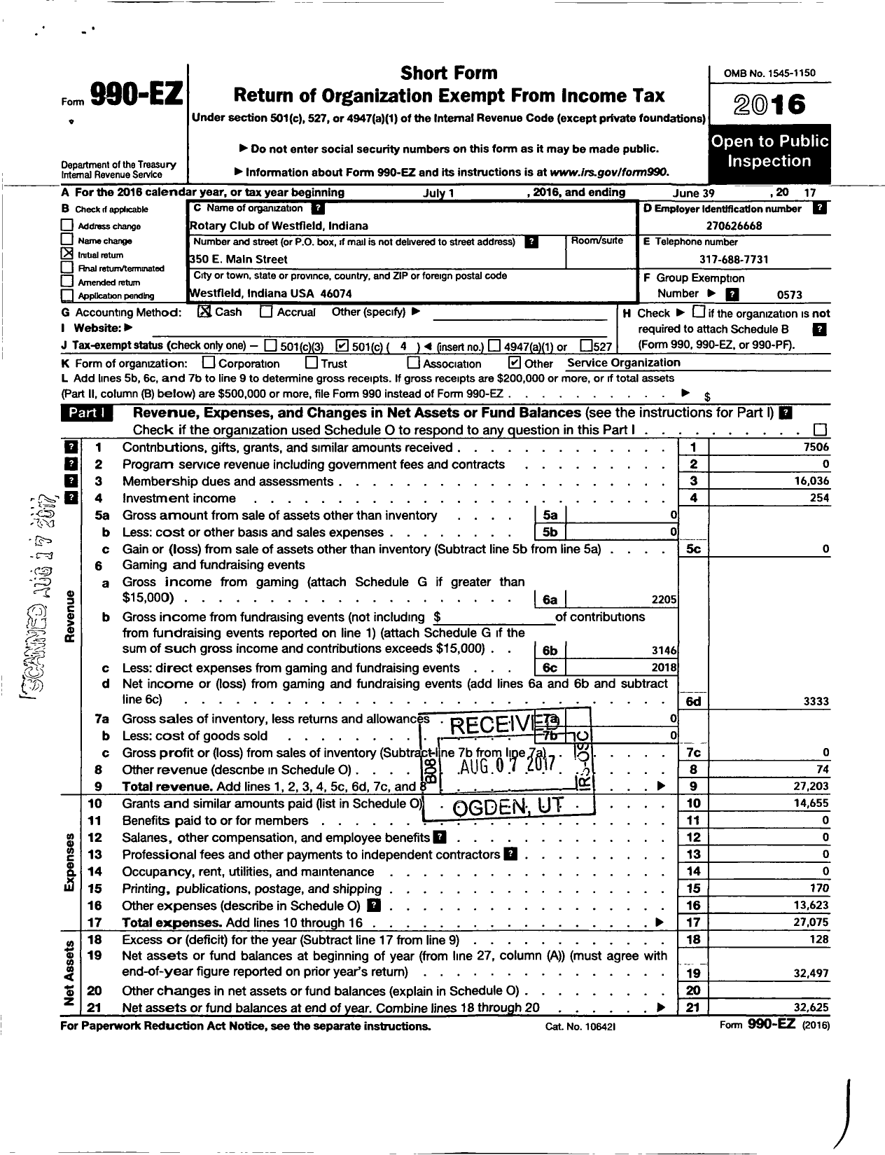 Image of first page of 2016 Form 990EO for Rotary International - Westfield Rotary Club