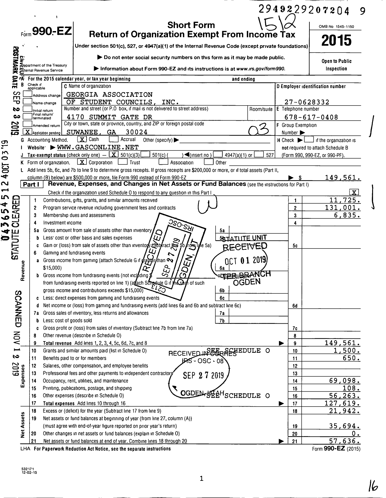 Image of first page of 2015 Form 990EZ for Georgia Association of Student Councils