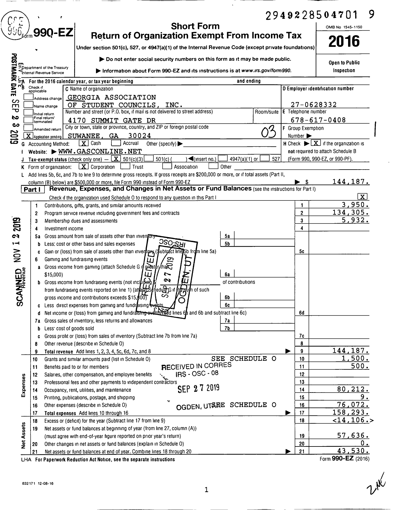 Image of first page of 2016 Form 990EZ for Georgia Association of Student Councils