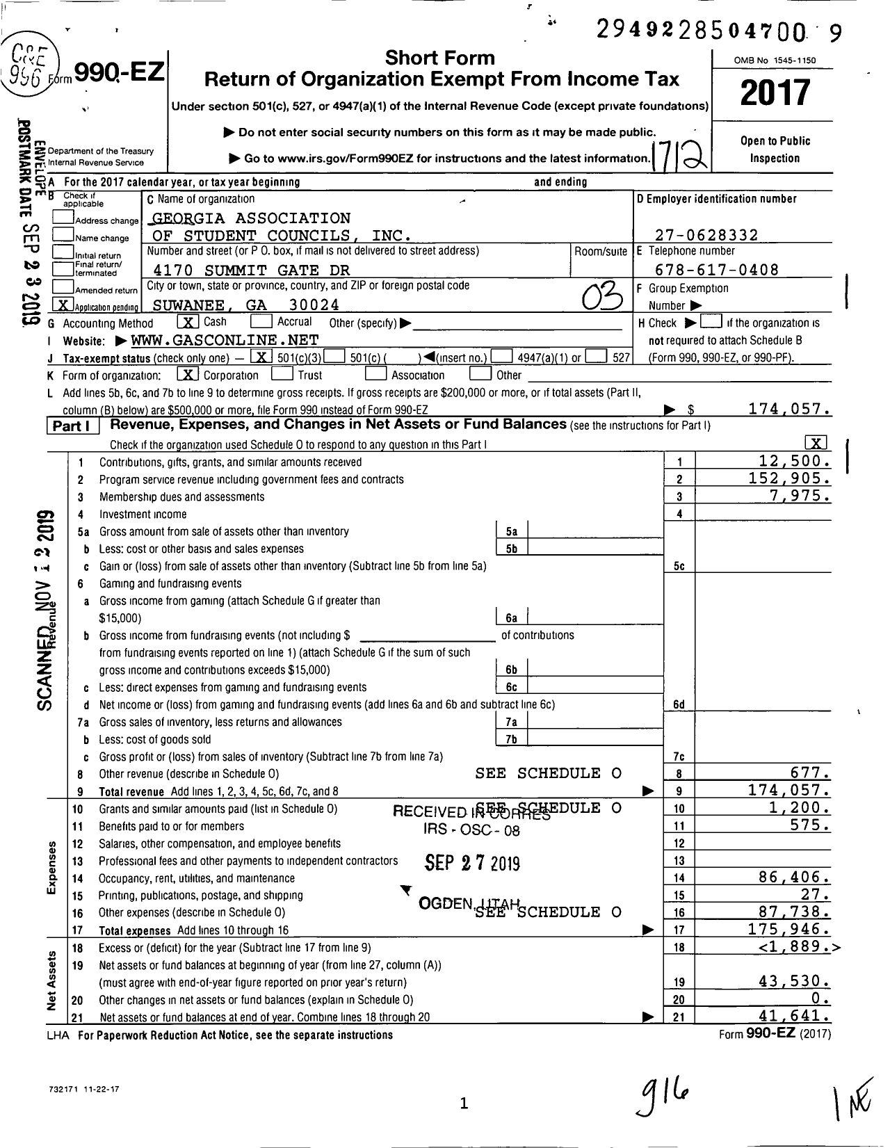 Image of first page of 2017 Form 990EZ for Georgia Association of Student Councils