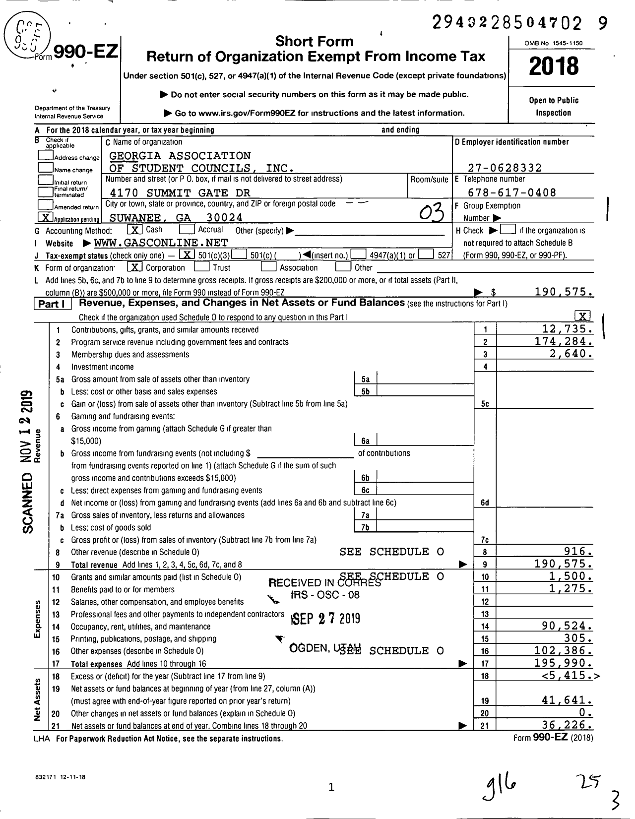 Image of first page of 2018 Form 990EZ for Georgia Association of Student Councils