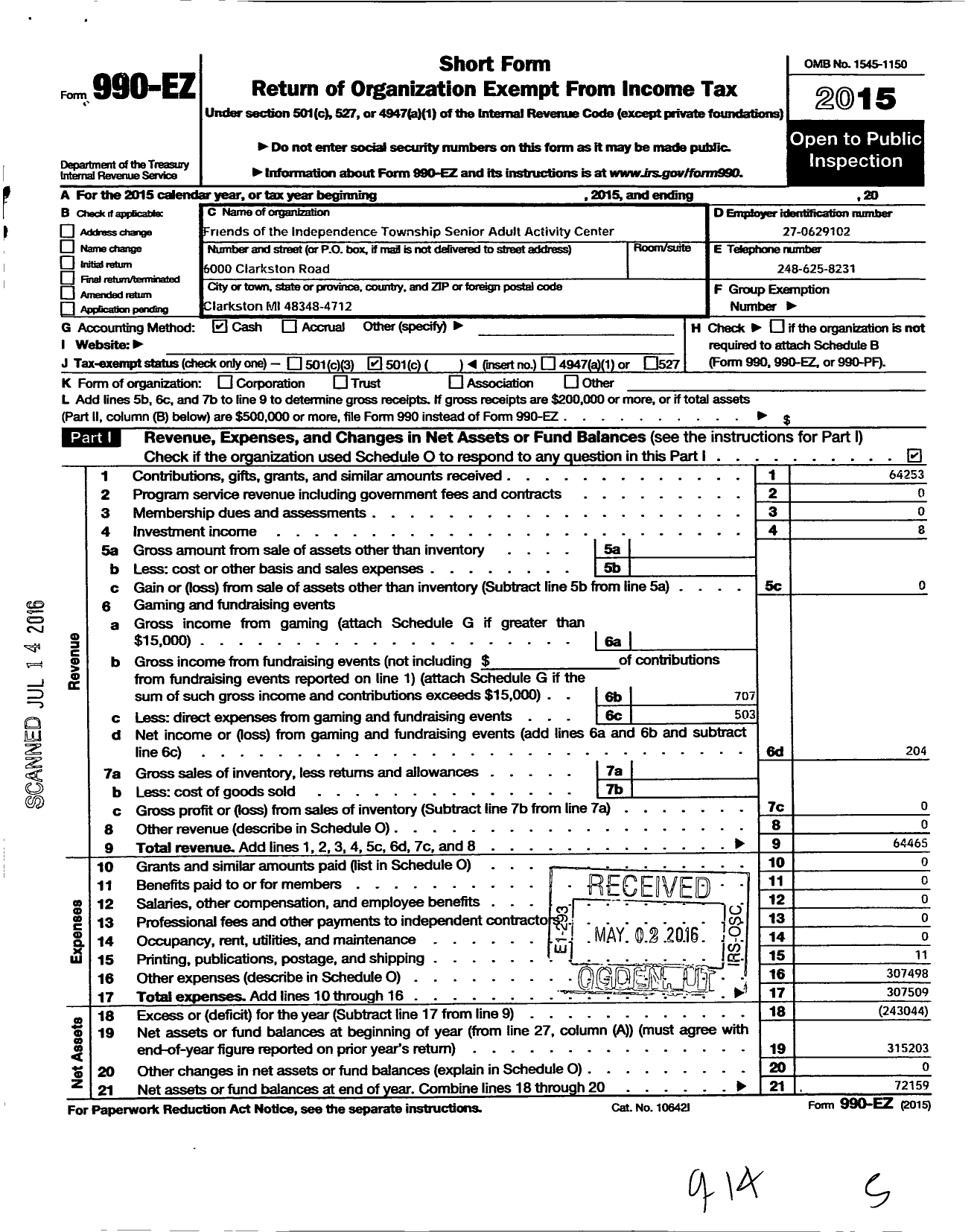 Image of first page of 2015 Form 990EO for Friends of the Independence Township Senior Adult Activity Center