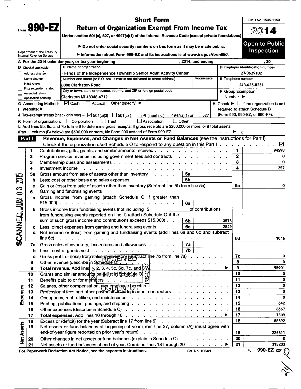 Image of first page of 2014 Form 990EZ for Friends of the Independence Township Senior Adult Activity Center