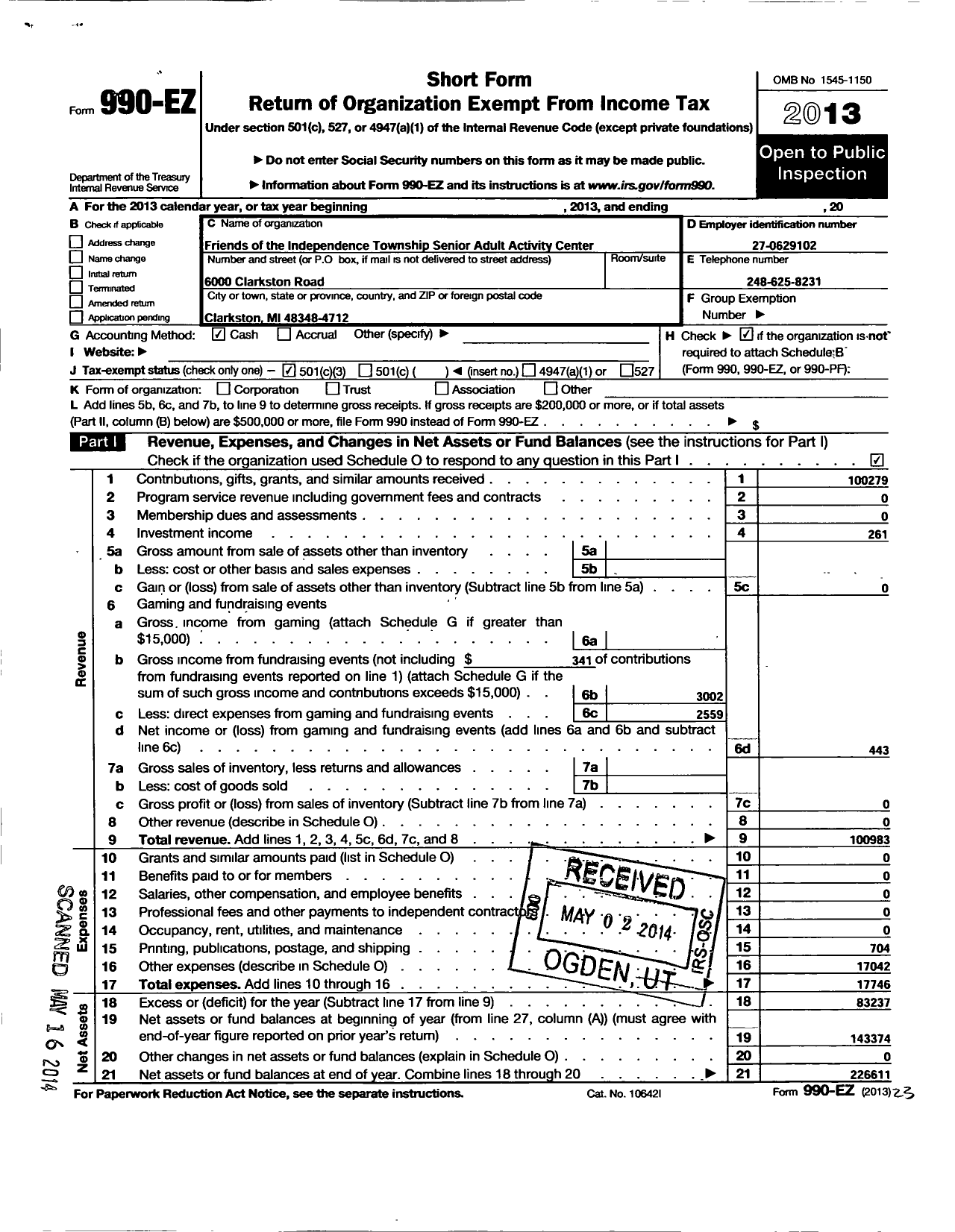 Image of first page of 2013 Form 990EZ for Friends of the Independence Township Senior Adult Activity Center