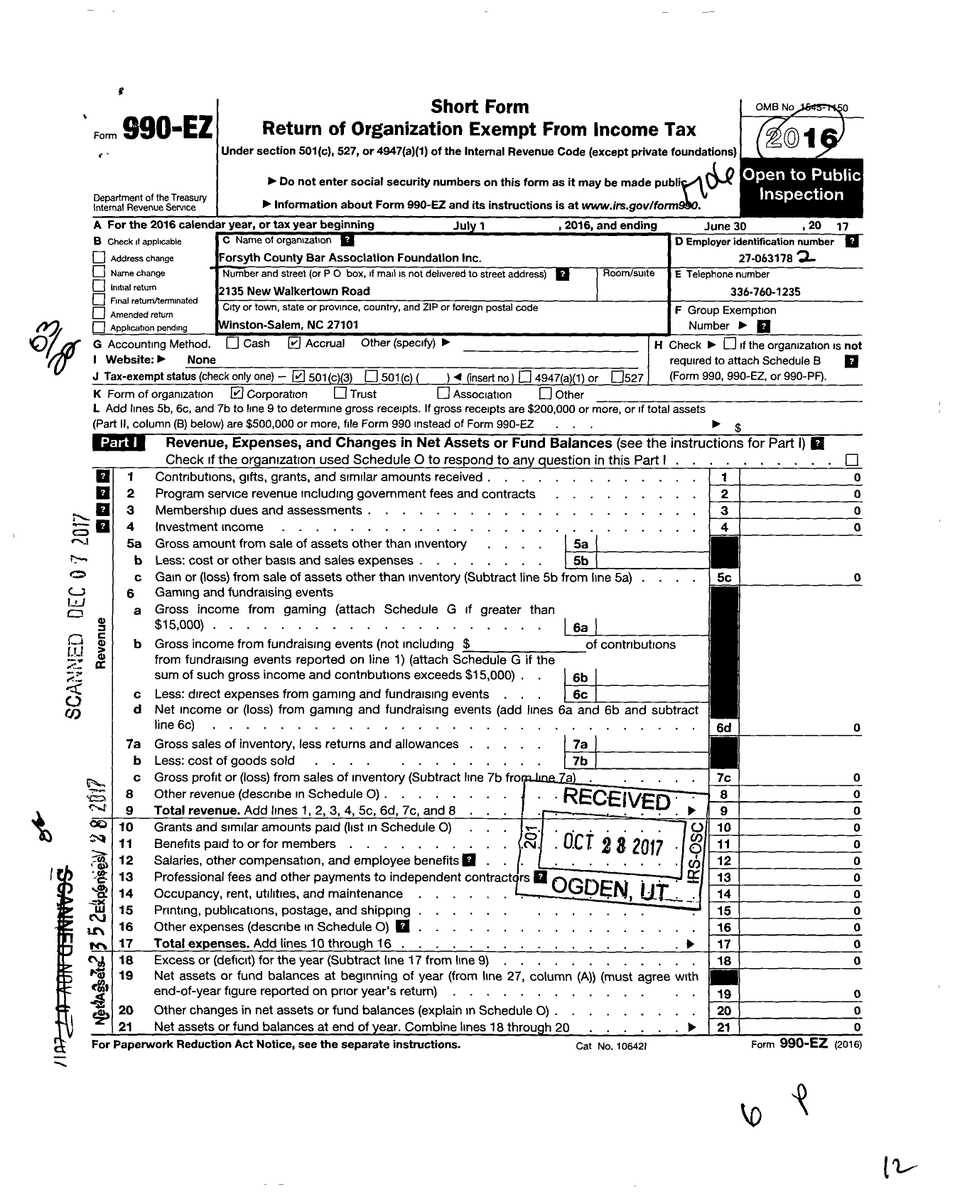 Image of first page of 2016 Form 990EZ for Forsyth County Bar Association Foundation