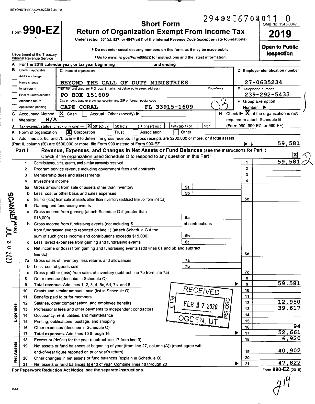 Image of first page of 2019 Form 990EZ for Beyond the Call of Duty Ministries