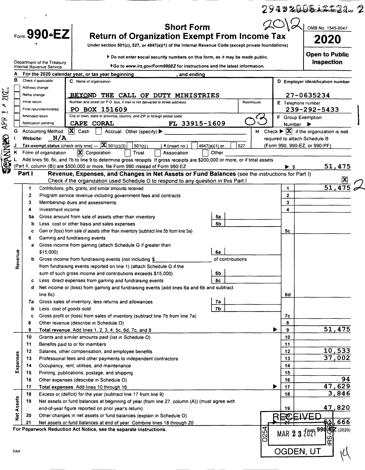 Image of first page of 2020 Form 990EZ for Beyond the Call of Duty Ministries