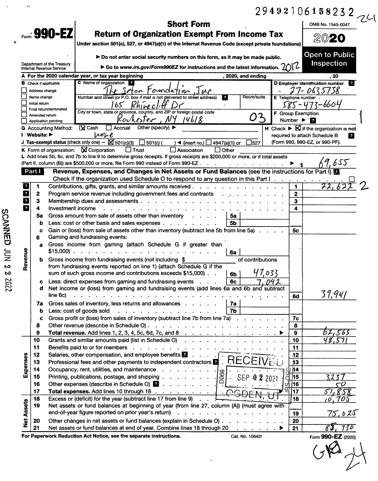 Image of first page of 2020 Form 990EZ for Seton Foundation