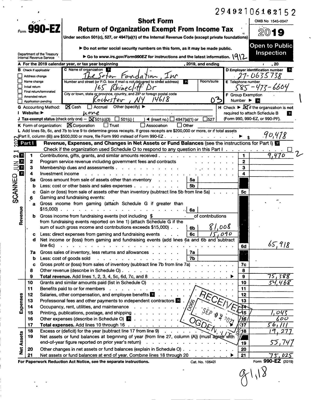 Image of first page of 2019 Form 990EZ for Seton Foundation