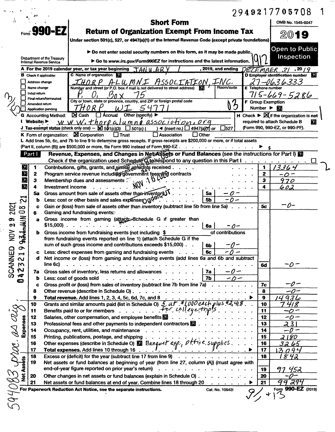 Image of first page of 2019 Form 990EZ for Thorp Alumni Association