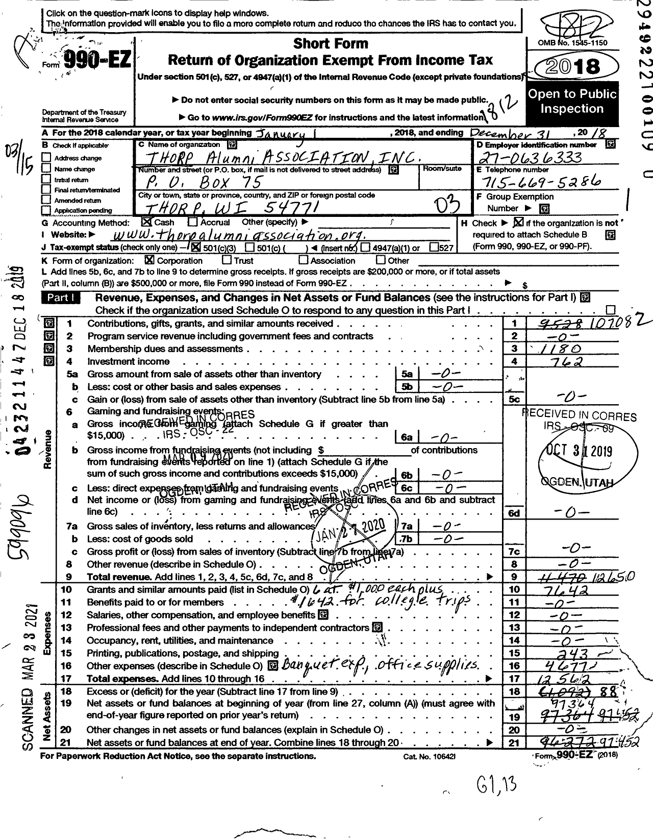 Image of first page of 2018 Form 990EZ for Thorp Alumni Association