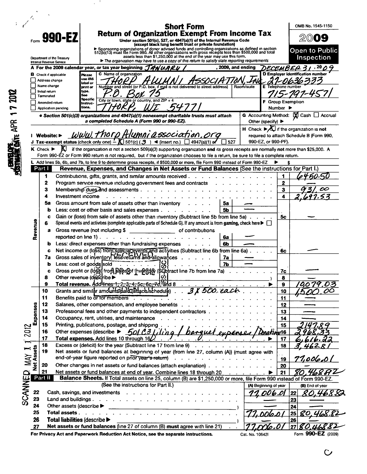 Image of first page of 2009 Form 990EZ for Thorp Alumni Association