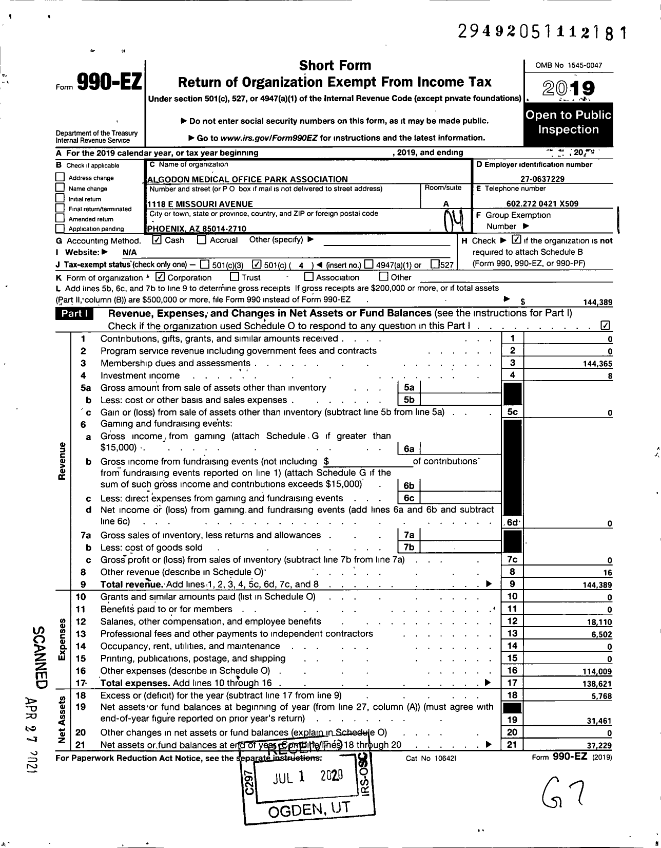 Image of first page of 2019 Form 990EO for Algodon Medical Office Park Association