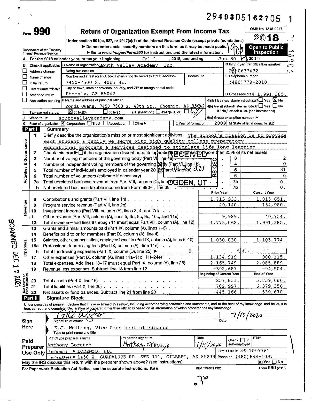 Image of first page of 2018 Form 990 for South Valley Academy