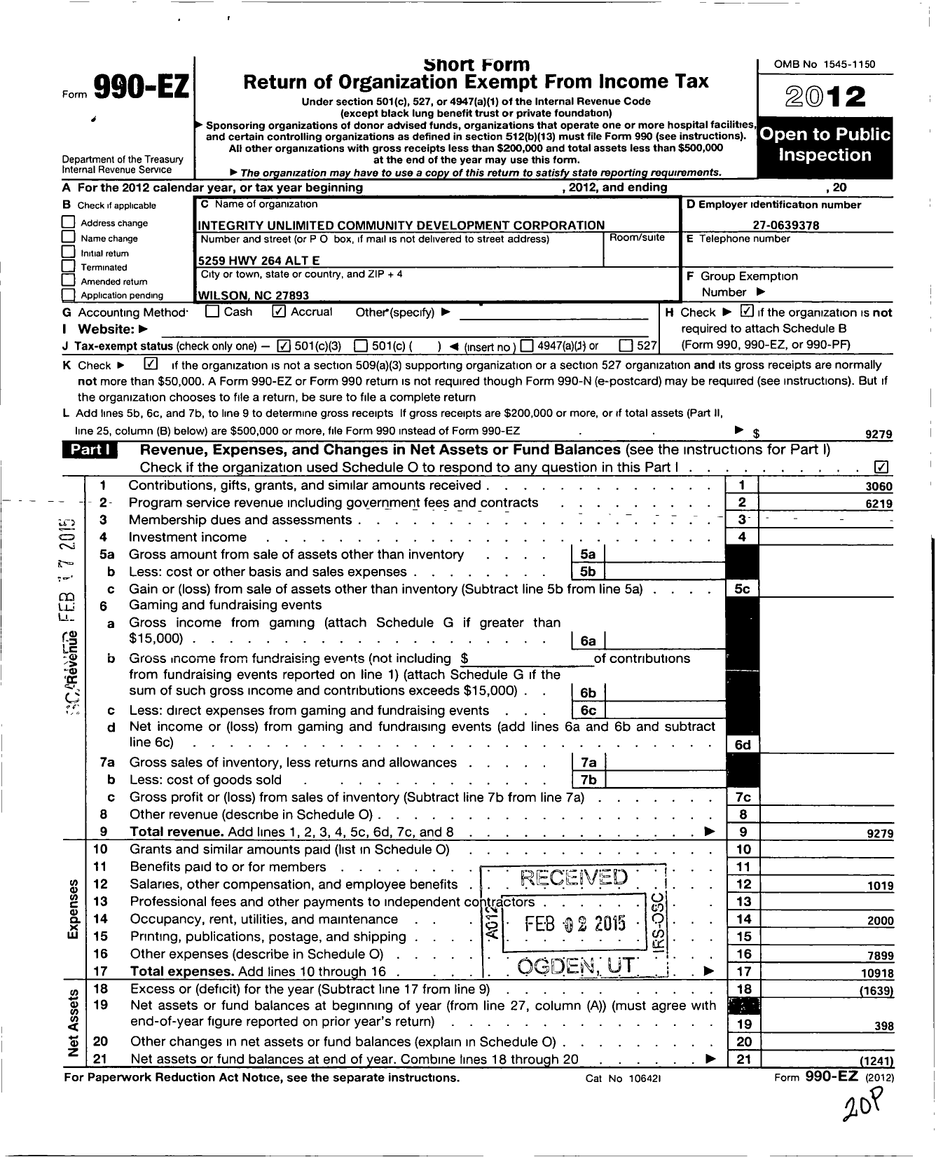 Image of first page of 2012 Form 990EZ for Integrity Unlimited Community Development Corporation