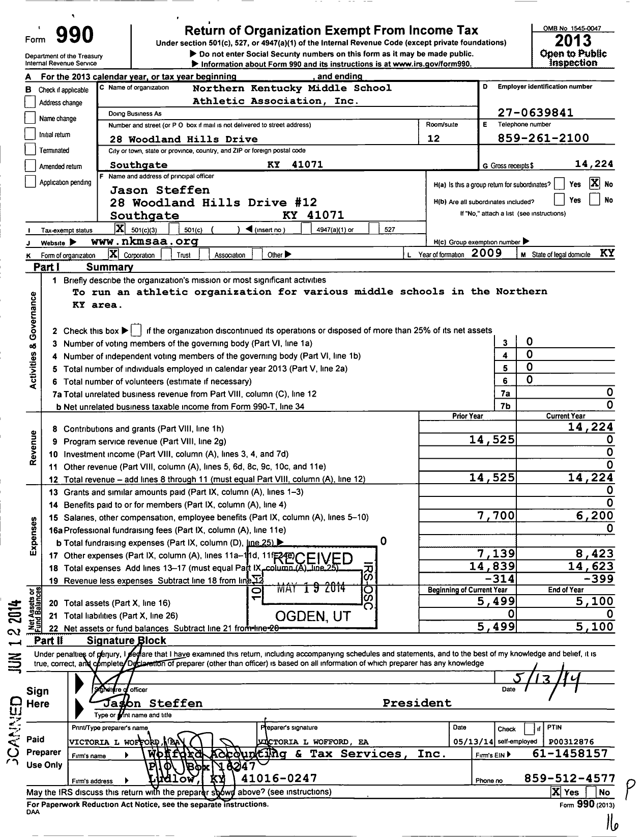 Image of first page of 2013 Form 990 for Northern Kentucky Middle School Athletic Association