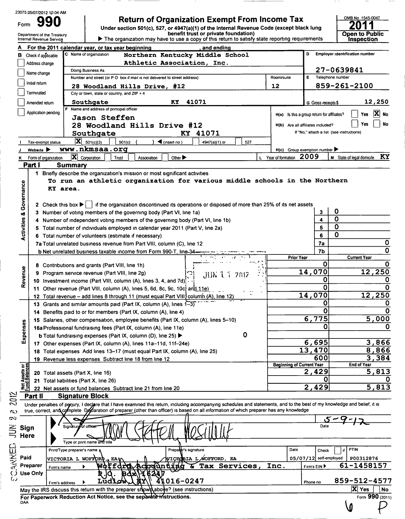 Image of first page of 2011 Form 990 for Northern Kentucky Middle School Athletic Association