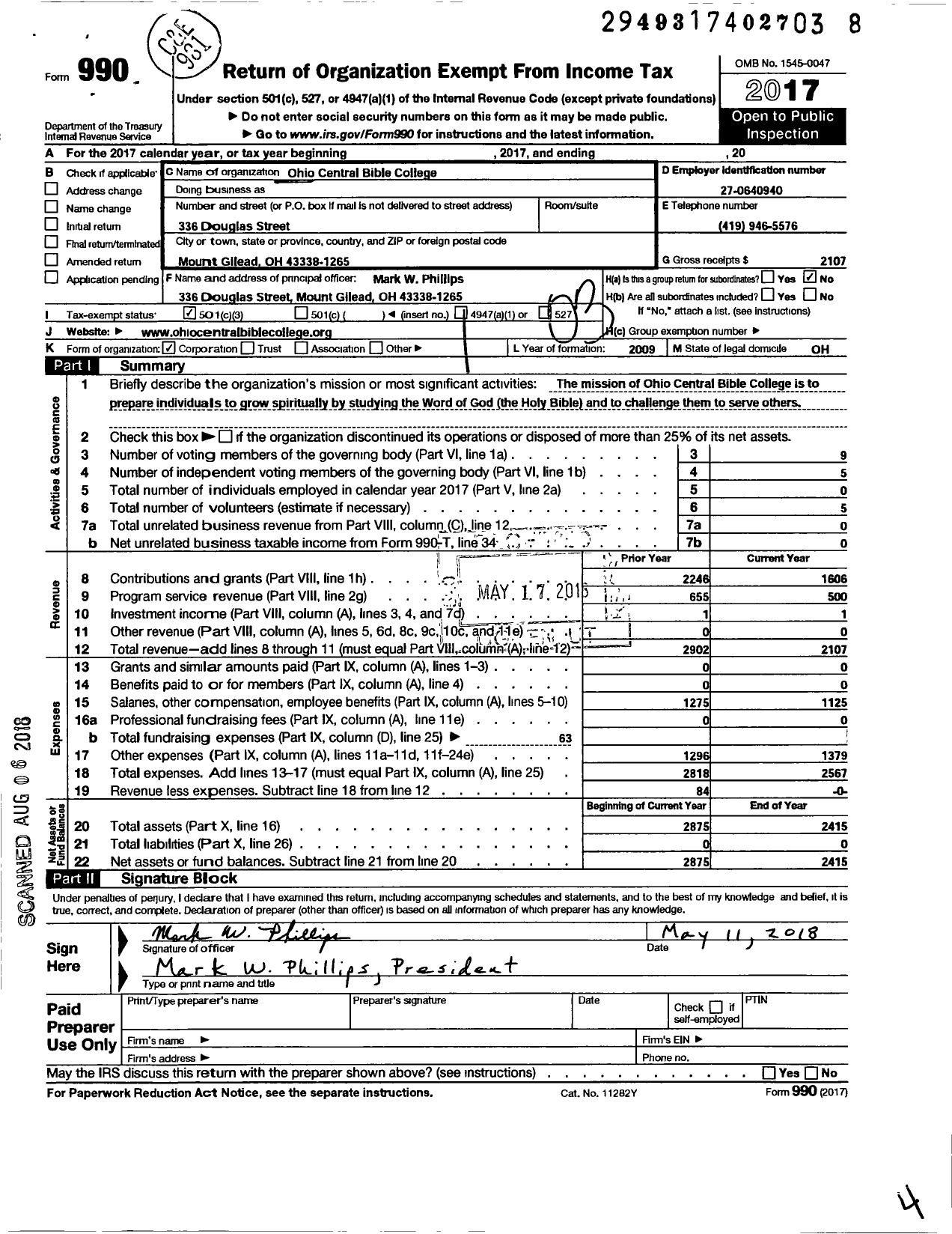 Image of first page of 2017 Form 990 for Ohio Central Bible College