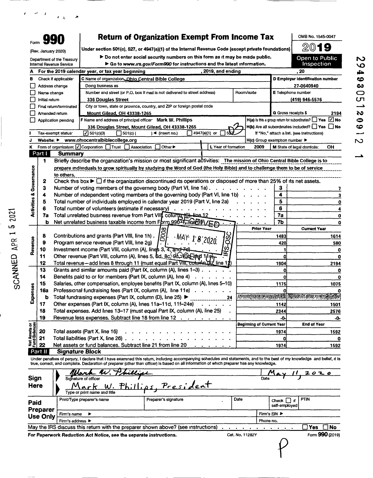 Image of first page of 2019 Form 990 for Ohio Central Bible College