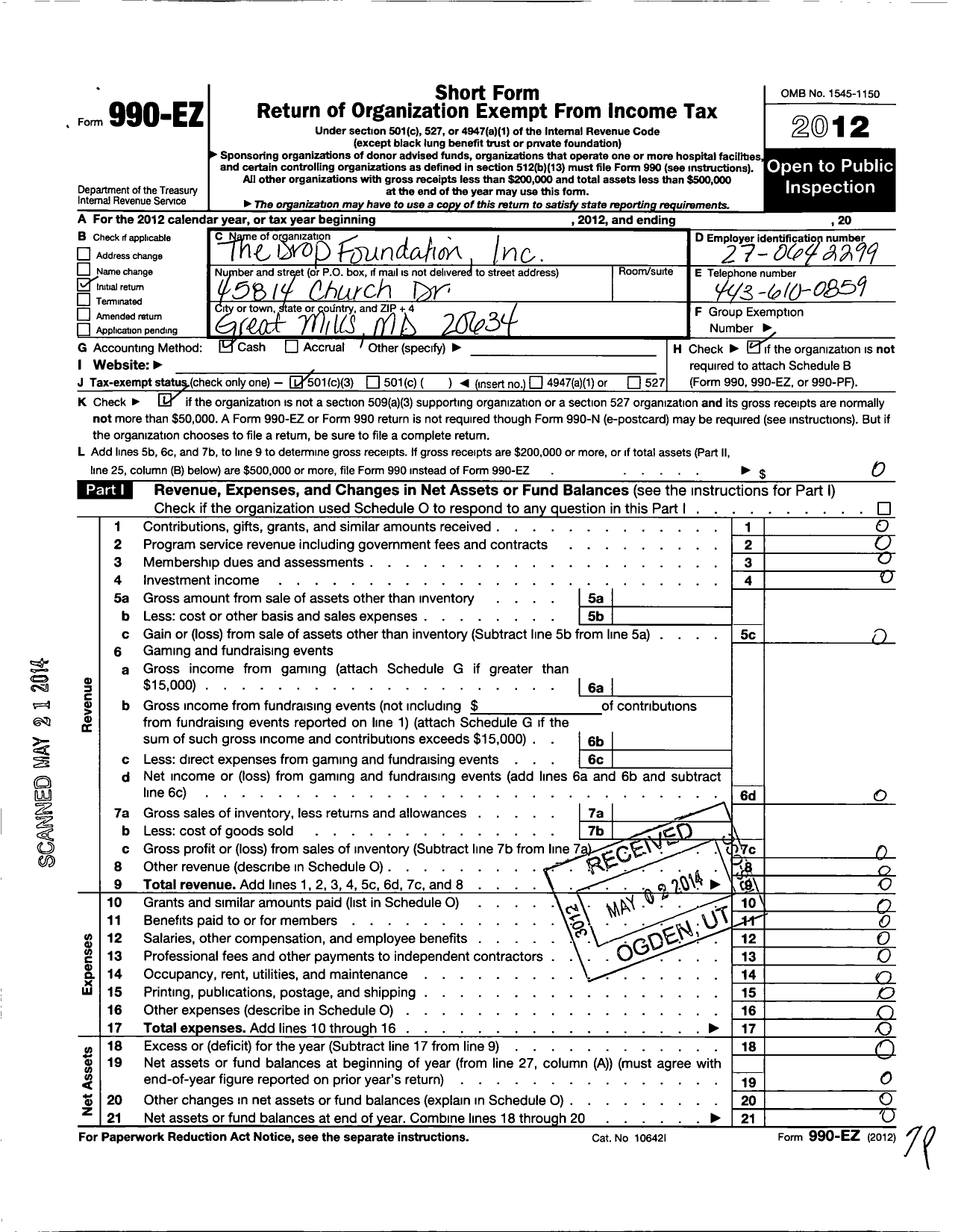 Image of first page of 2012 Form 990EZ for Drop Foundation