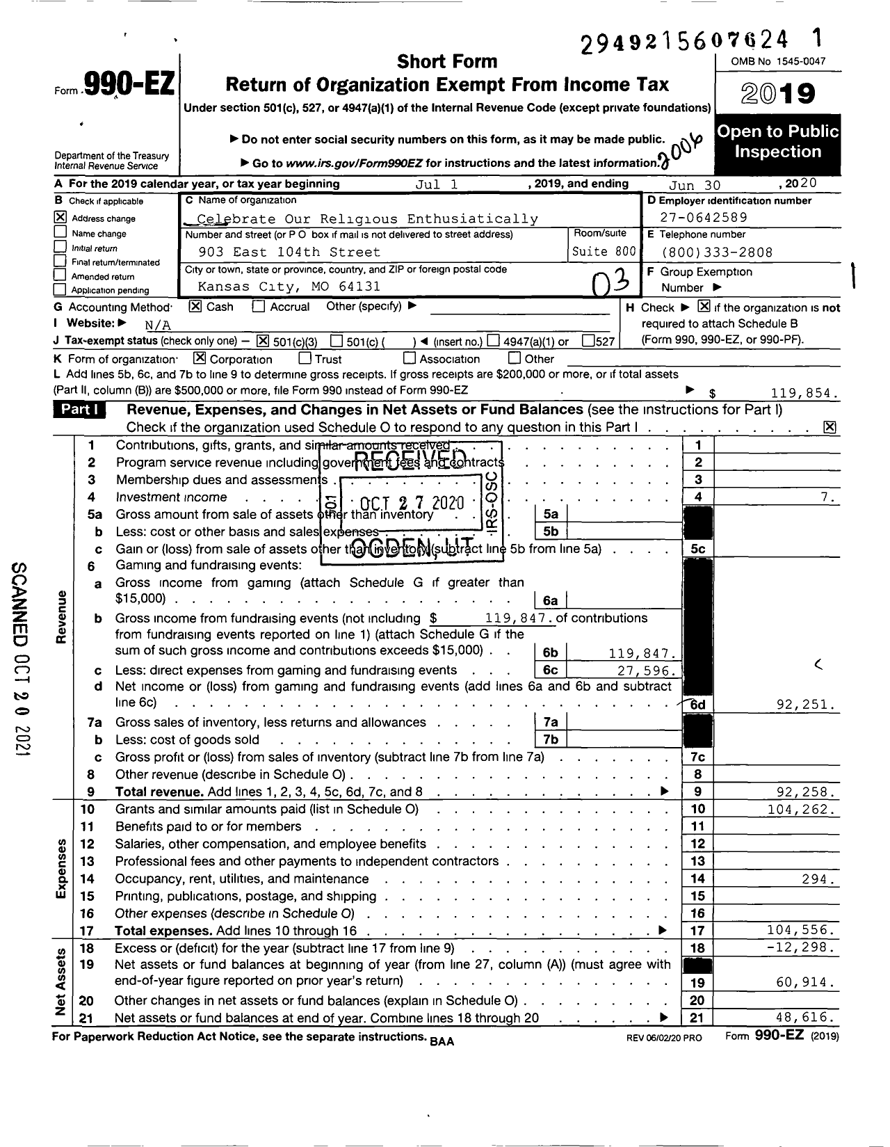 Image of first page of 2019 Form 990EZ for Celebrate Our Religious Enthusiastically (CORE)